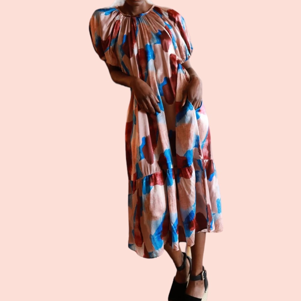Never a Wallflower Gathered Sleeve Midi Dress in "Urban Abstract" Print